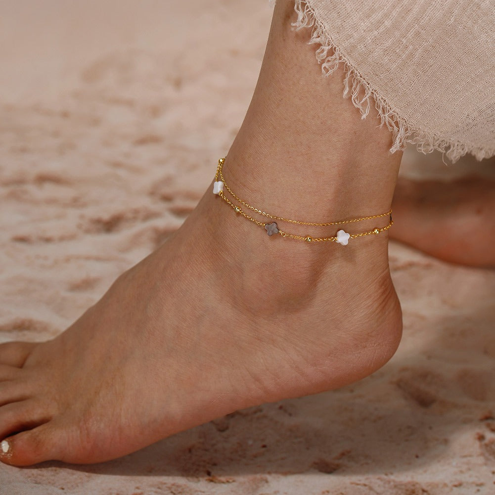 Kemstone 925 Sterling Silver Clover Anklet for Women Layered Shell Chain Gold Silver GMA02
