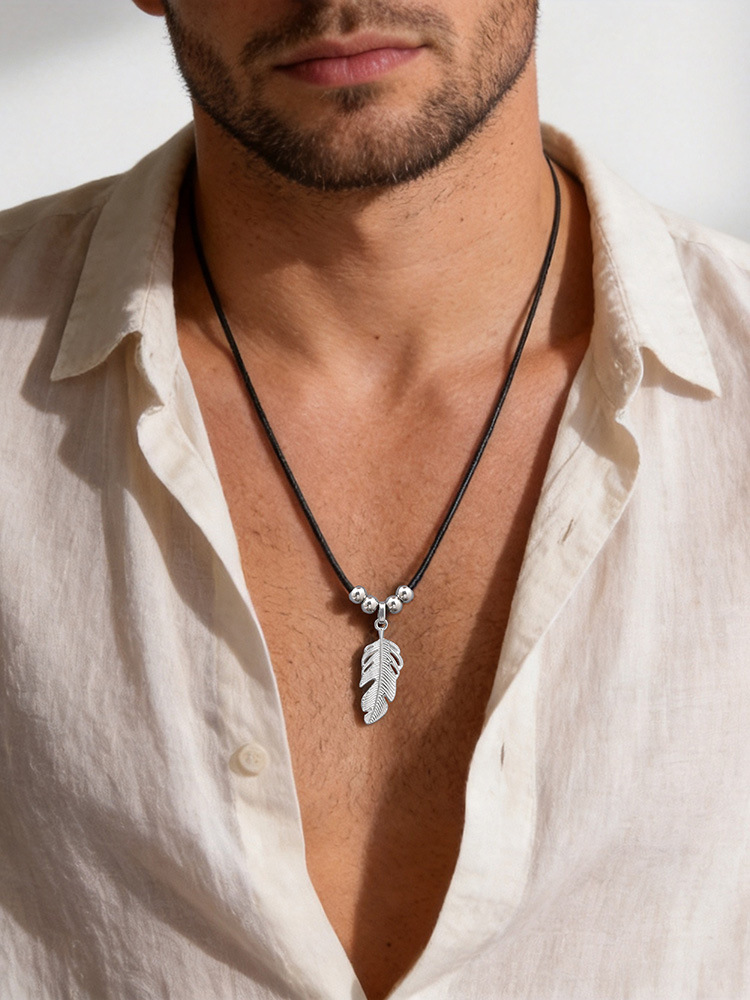 Kemstone Stainless Steel Leaf Pendant Necklace for Men Black Cord Beaded Chain NC-2753