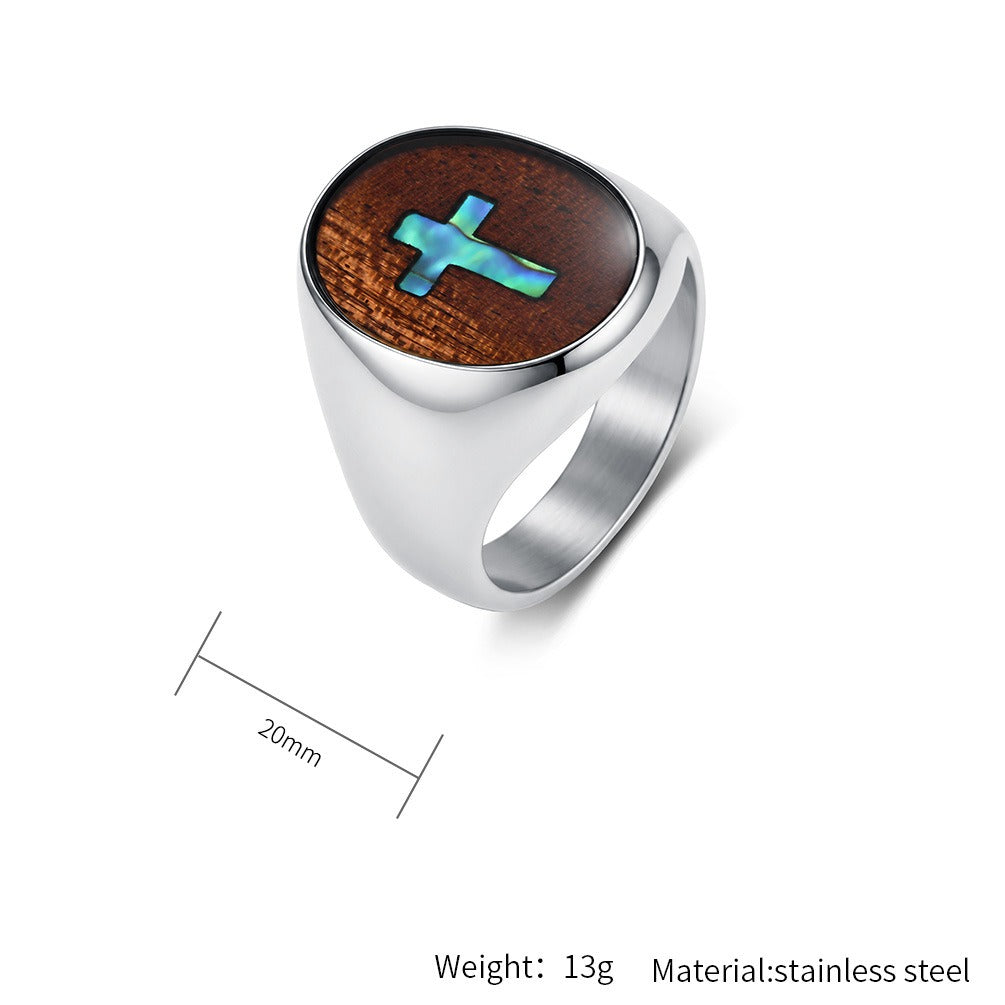 Kemstone Wood Inlay Cross Signet Ring for Men Stainless Steel Vintage K-R12390