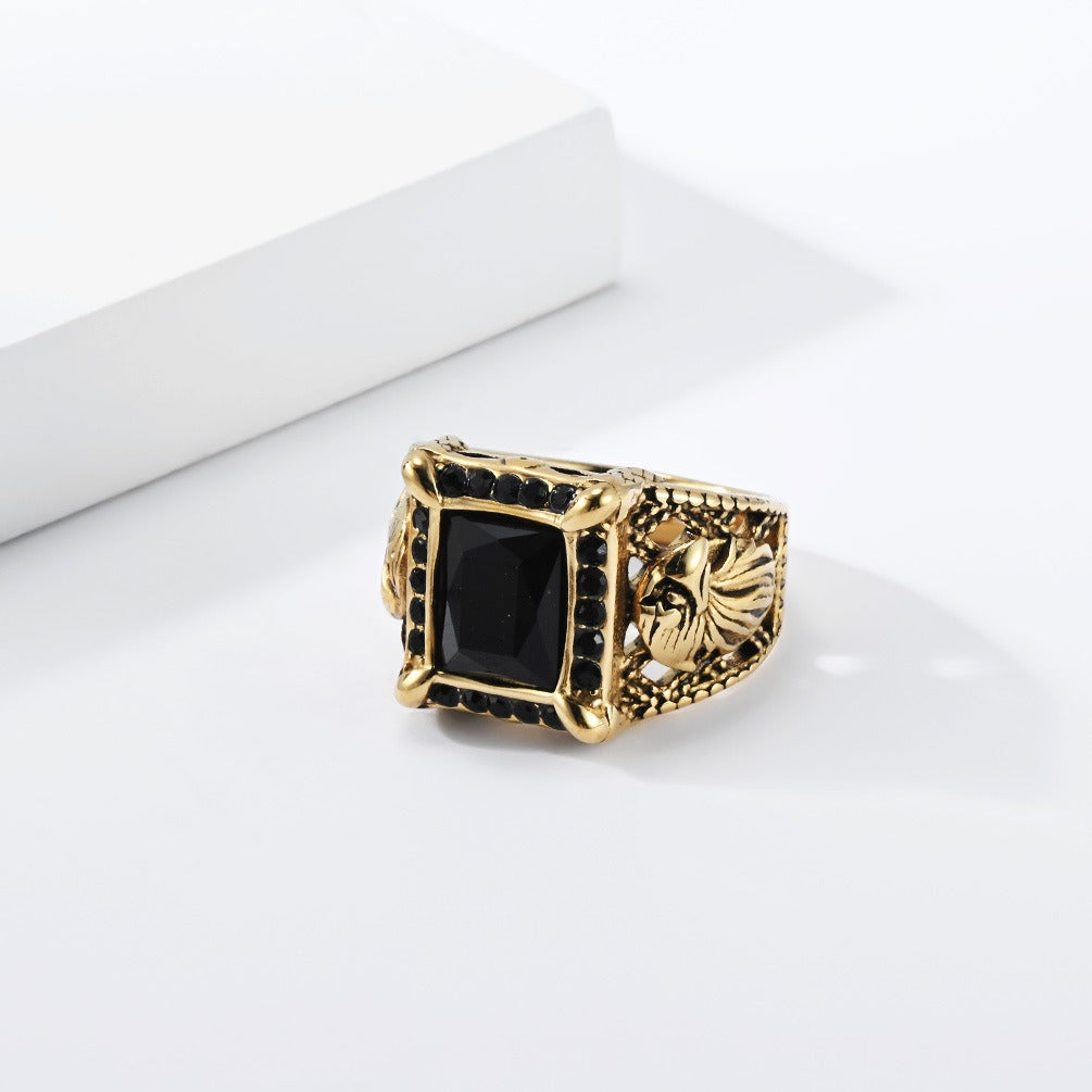 Kemstone Eagle Signet Ring for Men Stainless Steel Black Stone Vintage K-R1227