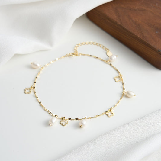 Kemstone 925 Sterling Silver Clover Anklet for Women Freshwater Pearl Gold Silver SA105