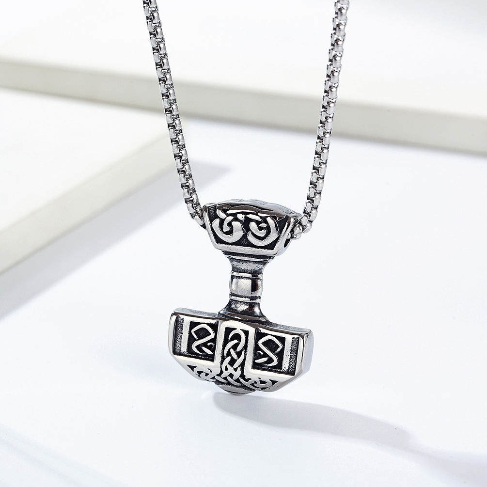 Kemstone Thor Hammer Necklace – Stainless Steel Viking Mjolnir Pendant for Men 60cm Chain K-PT498