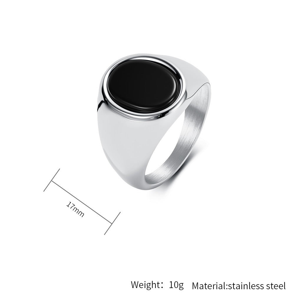 Kemstone Signet Ring for Men Stainless Steel Oval Black Stone Inlay Geometric Style KR1134
