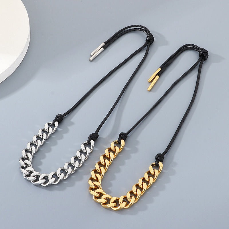 Kemstone Titanium Steel Cuban Link Necklace for Men,Black Wax Cord Western Style Gold Silver KN290590-Z