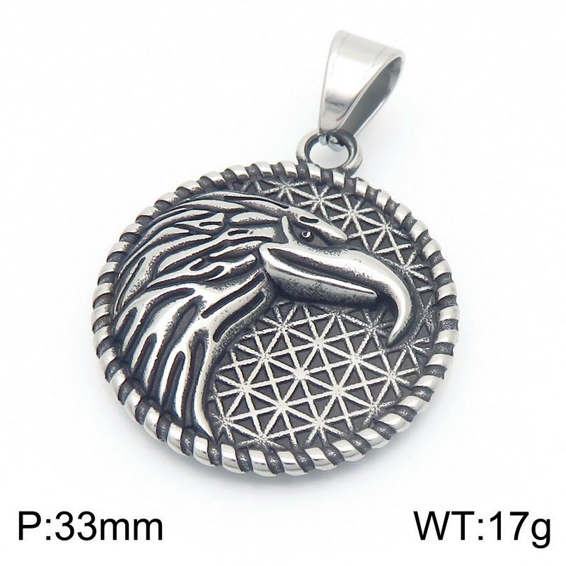 Collar de acero de titanio envejecido con diseño de doble cara de runas vikingas de Kemstone, con diseño de rey lobo y pico de águila, para hombre, con un toque retro de elegancia robusta KP116179-MZOZ