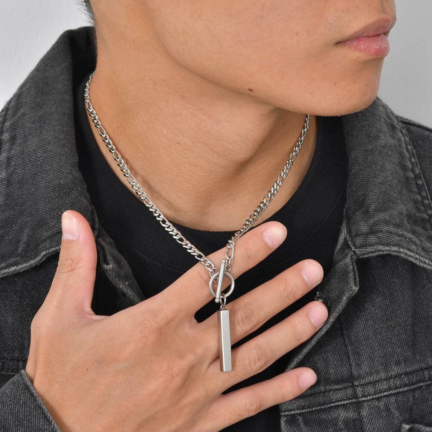 Kemstone Stainless Steel Bar Pendant Necklace – Minimal O-Ring Toggle NK Chain for Men NC-158