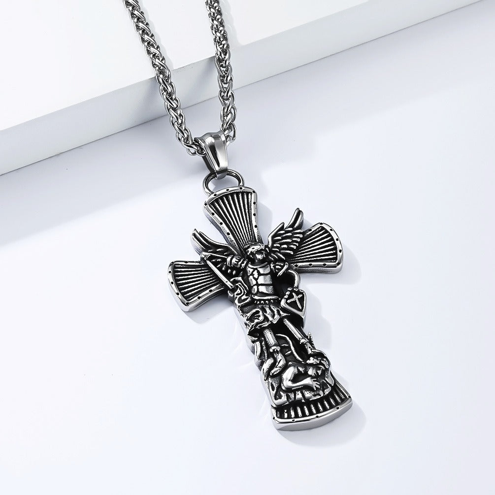 Kemstone Stainless Steel Cross Necklace for Men Angel Figure Detailed Pendant Chain Silver Gold Black K-PT706