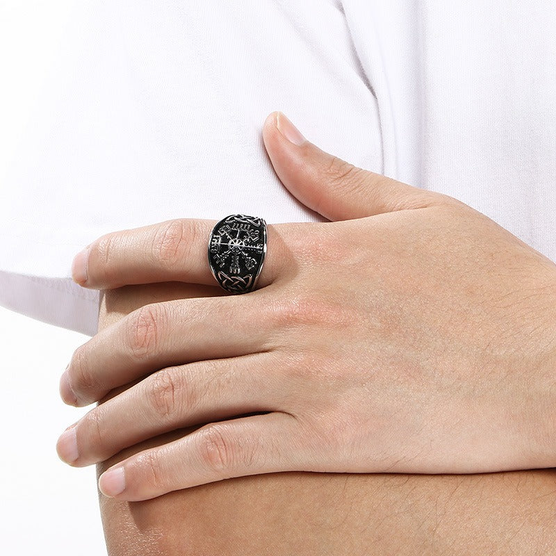 Kemstone Viking Rune Signet Ring for Men Titanium Steel Compass Celtic Knot Wide Band Silver Gold KR114478-MZOZ