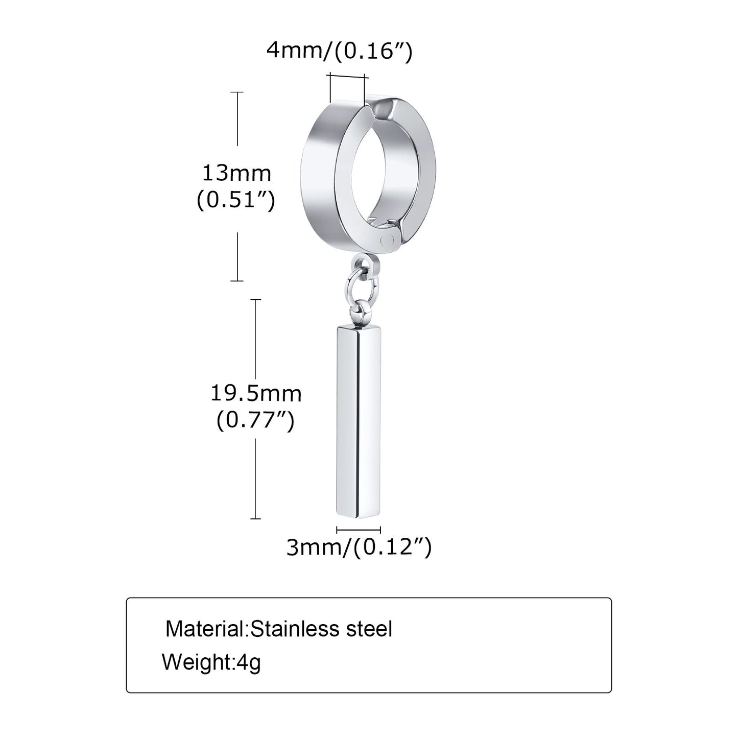 Kemstone Men's Geometric Bar Drop Earrings – Stainless Steel Hoop & Clip-On, Gothic Punk Street Style in Black & Silver ED-659
