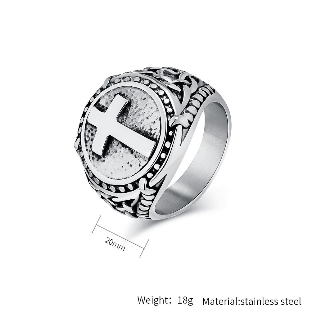 Kemstone Cross Signet Ring Stainless Steel Vintage Textured Silver Gold Black for Men K-R845