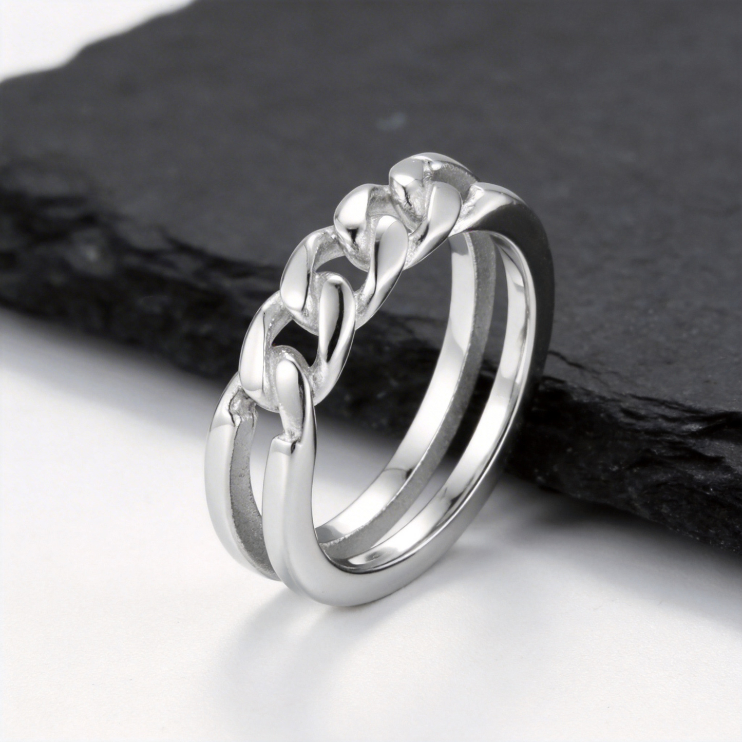 Kemstone Stainless Steel Chain Ring for Men Double Band Silver RC-1019
