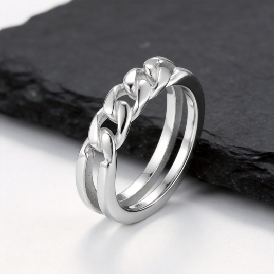 Kemstone Stainless Steel Chain Ring for Men Double Band Silver RC-1019