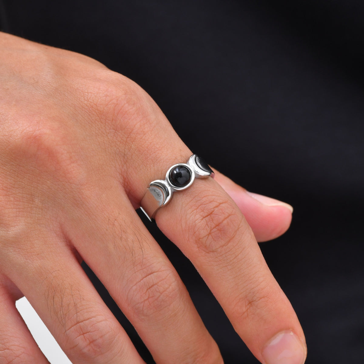 Kemstone Black Onyx Ring for Men Stainless Steel Twin Crescent RC-1171