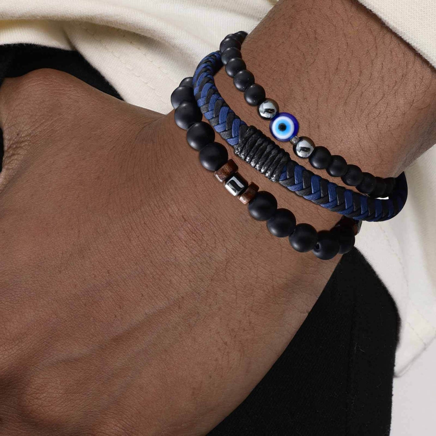 Kemstone Men’s Beaded Bracelet Set – Black Onyx, Lava Stone & Leather BR-2751