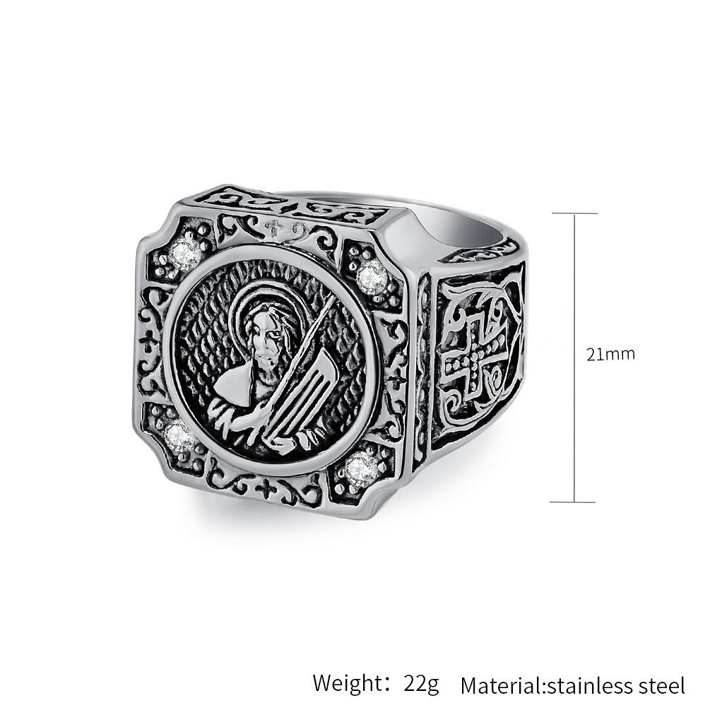 Kemstone Titanium Steel Cross Portrait Signet Ring for Men K-R870
