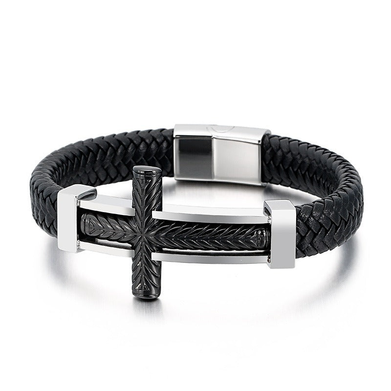 Kemstone Cross Leather Bracelet for Men Titanium Steel Braided Black Cord Design KB130233-KFC