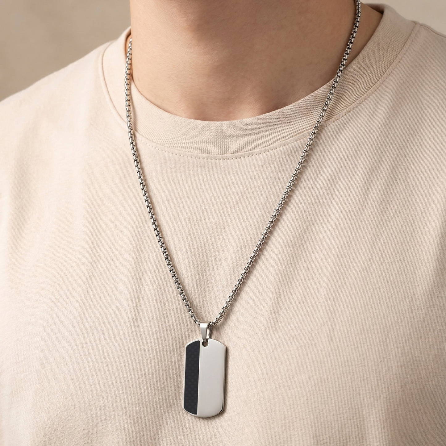 Kemstone Stainless Steel Carbon Fiber Tag Pendant Necklace for Men Silver PN-2160