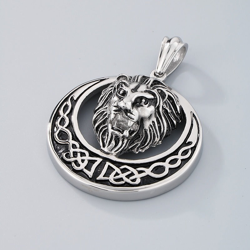 Kemstone Titanium Steel Lion Head Pendant Necklace for Men – Celtic Round Design KP33338-D
