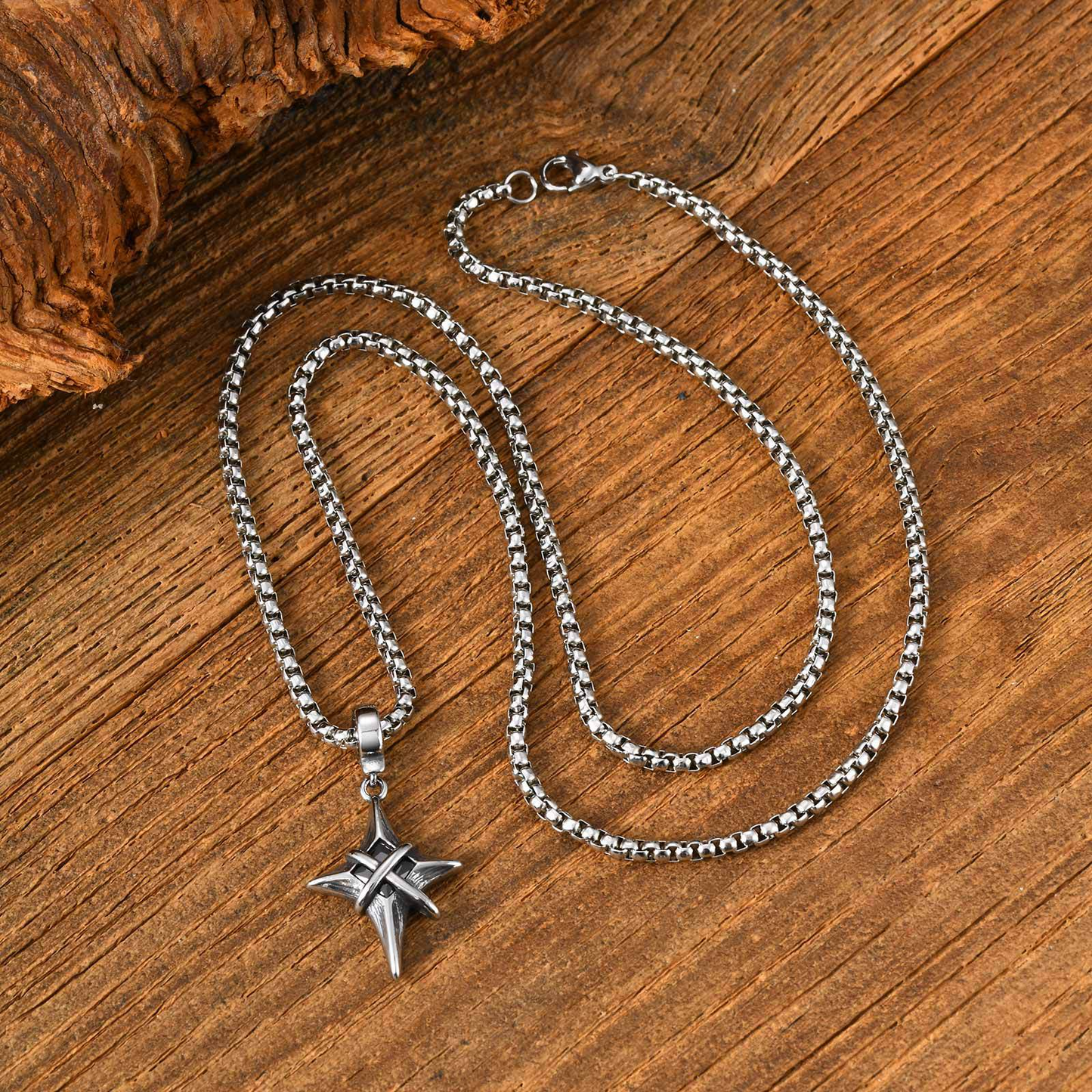 Kemstone Stainless Steel Four-Point Star Pendant Necklace for Men – Black Cubic Zirconia PN-2316