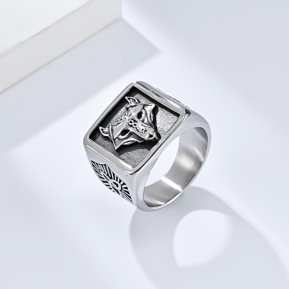 Kemstone Stainless Steel Viking Wolf Head Ring for Men - Triangular Eternity Knot Design K-R717