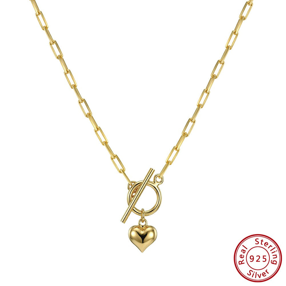Kemstone Toggle Clasp Necklace for Women 925 Sterling Silver Chain with Heart Charm Gold Silver SC97
