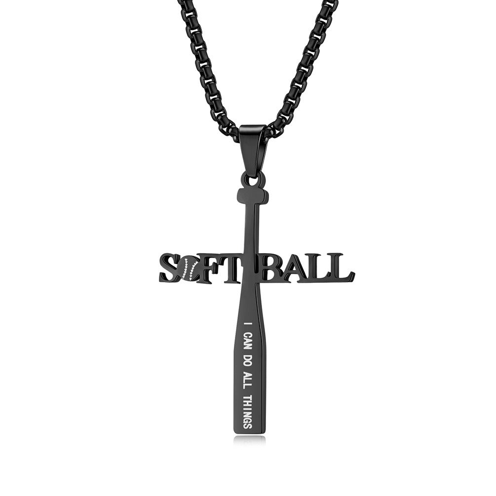 Kemstone Softball Cross Pendant Necklace for Men Stainless Steel Baseball Letter Detail K-PT512