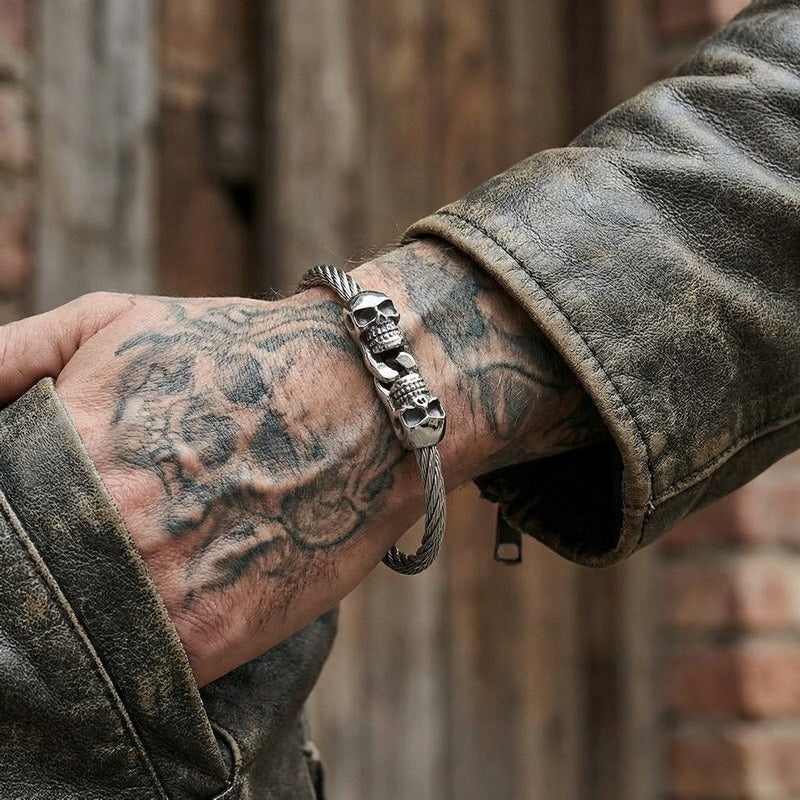 Kemstone Titanium Steel Double Skull Cable Bracelet for Men KB86274-BD