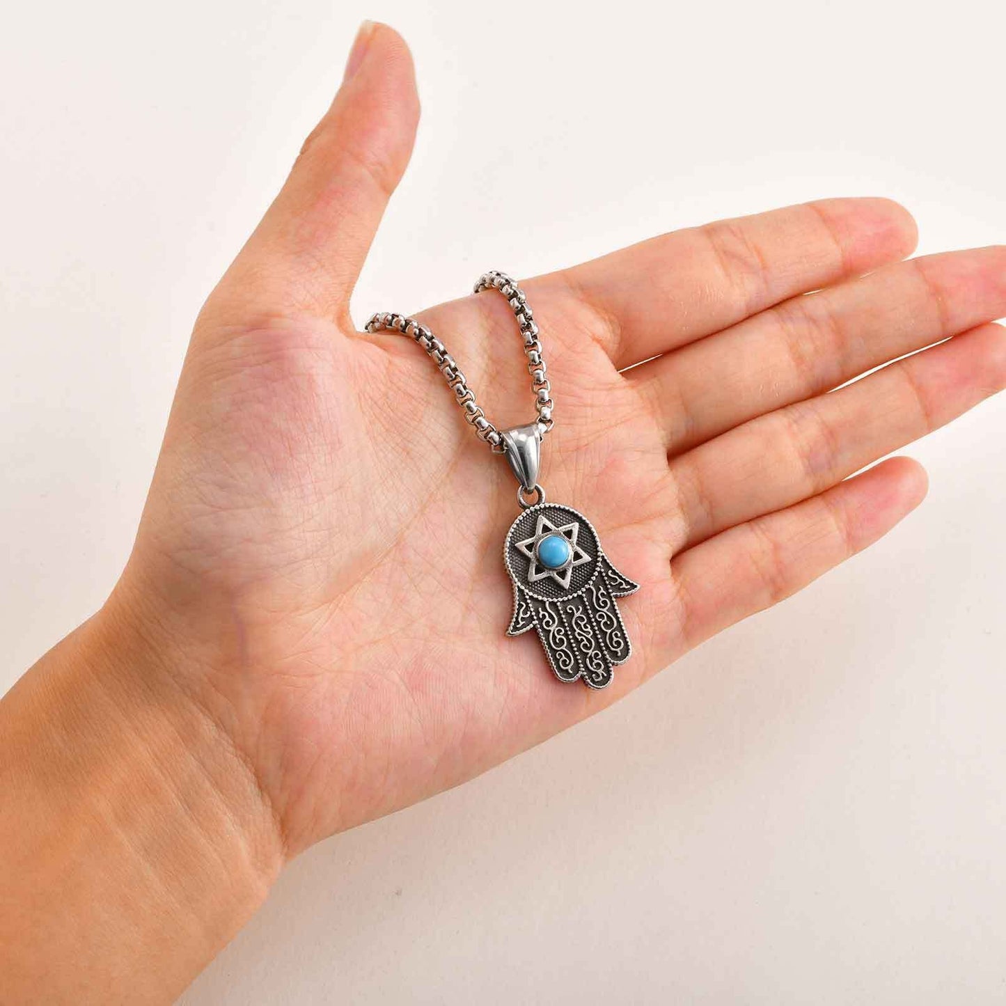 Kemstone Stainless Steel Hamsa Hand Necklace – Hexagram Turquoise Pendant for Men PN-2232