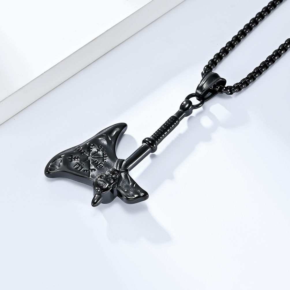 Kemstone Stainless Steel Nordic Axe Pendant Necklace for Men Skull Detail K-PT472