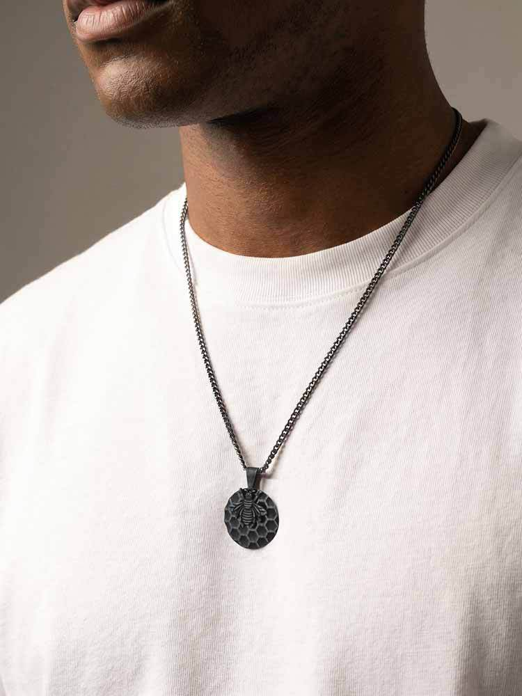 Kemston Bee Honeycomb Pendant Necklace for Men Stainless Steel Vintage Design PN-2377