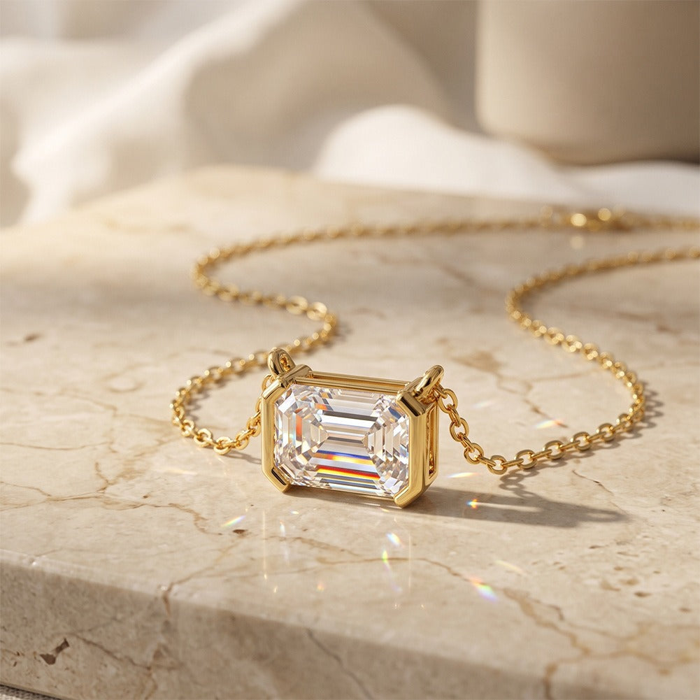 Kemston Emerald Cut Moissanite Pendant Necklace for Women 925 Sterling Silver SMON29