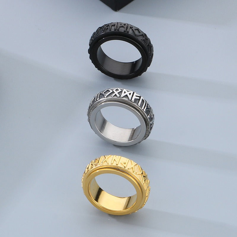 Kemstone Viking Rune Spinner Ring – Titanium Steel Nordic Band for Men | Gothic Punk Street Style KR110119-K