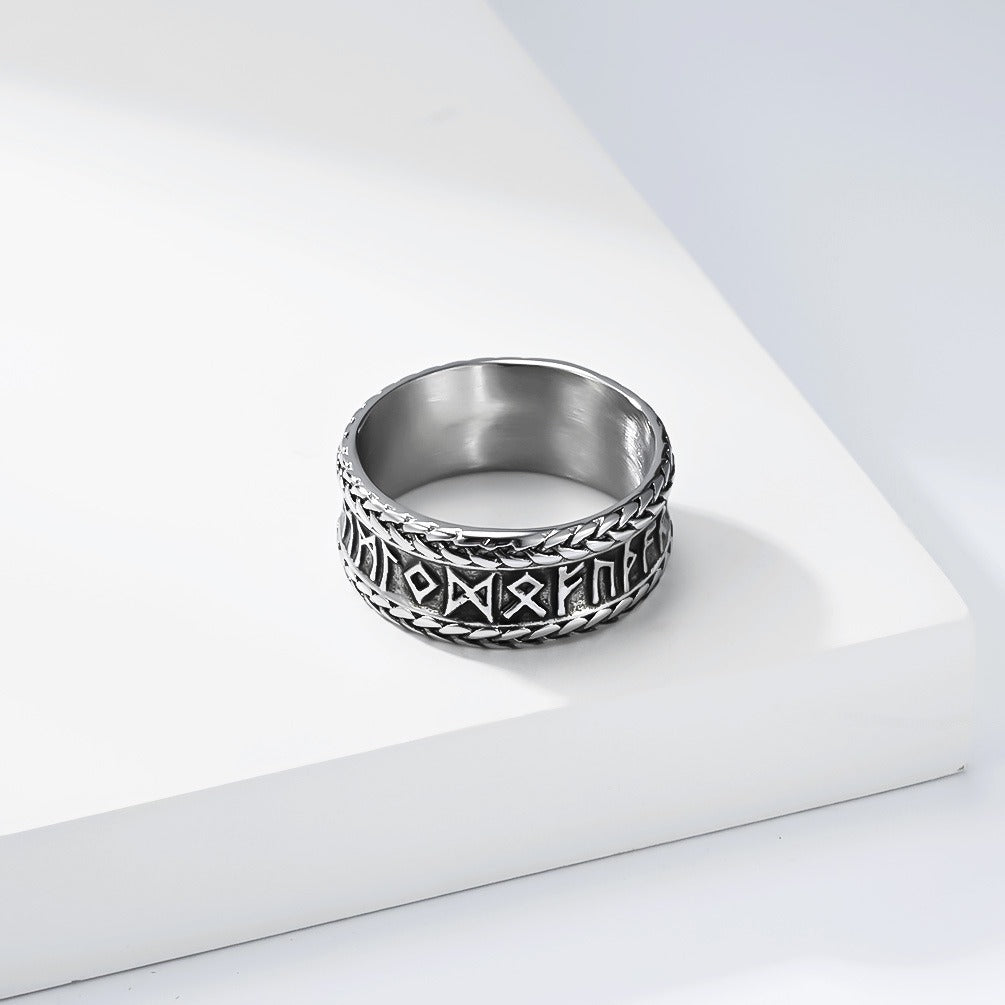 Kemstone Stainless Steel Viking Rune Ring for Men Wide Engraved Silver Gold Black K-R1151