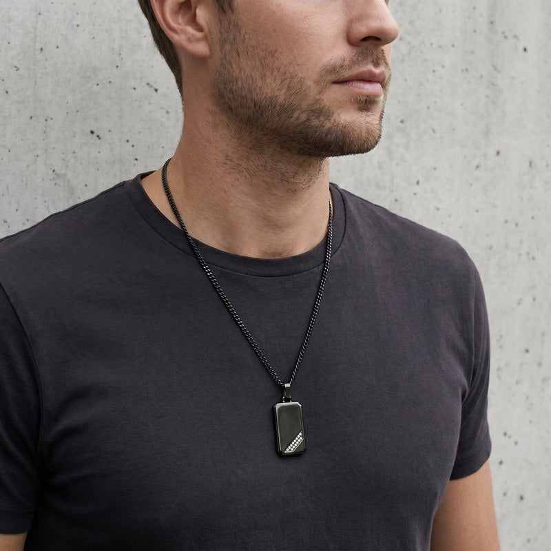 Kemstone Titanium Steel Tag Pendant Necklace for Men Angled Cubic Zirconia KN302396-KFC