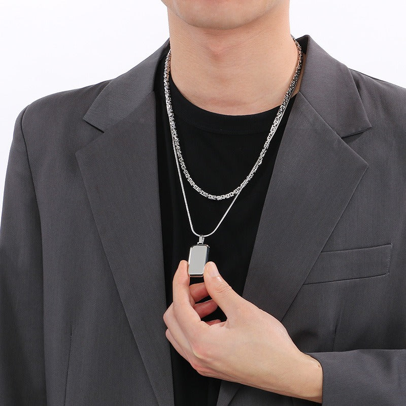 Kemstone Layered Rectangular Pendant Necklace for Men - Titanium Steel Double Chain KN283138-KFC