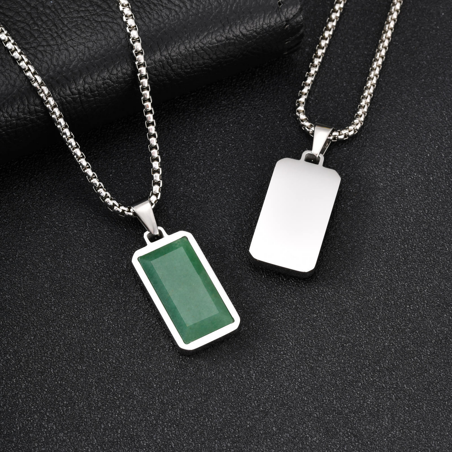 Kemstone Green Stone Pendant Necklace Stainless Steel Rectangular Minimalist Necklace for Men PN-2259