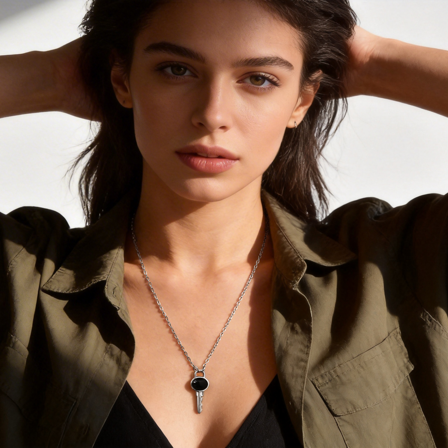 Kemstone Stainless Steel Key Pendant Necklace Black Onyx Minimalist Chain for Men & Women NC-2705