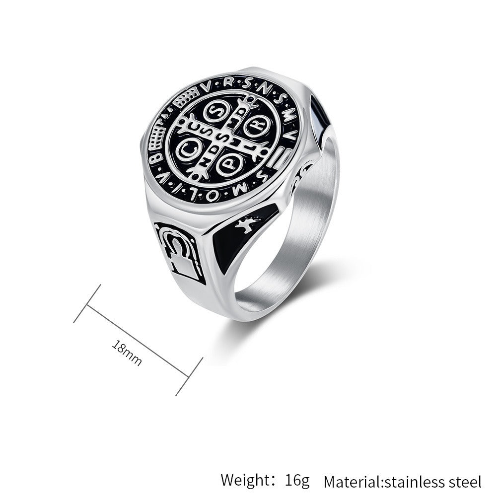 Kemstone Men’s Stainless Steel St. Benedict Cross Ring – Vintage Protection Jewelry K-R1092
