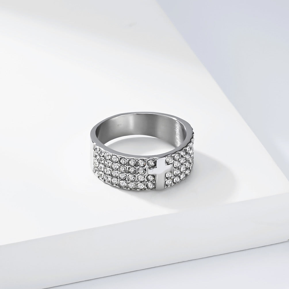 Kemstone Iced Out Cross Ring for Men Stainless Steel Wide Band Hip Hop K-R1217
