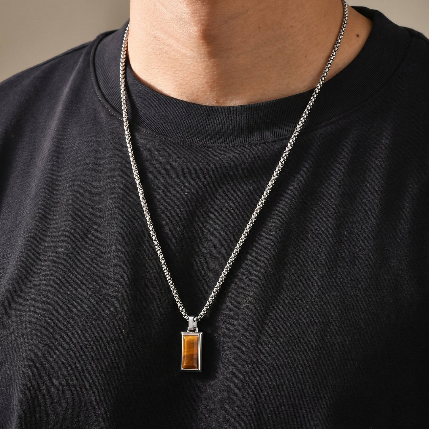 Kemston Rectangular Black Agate Pendant Necklace for Men Stainless Steel Vintage PN2379