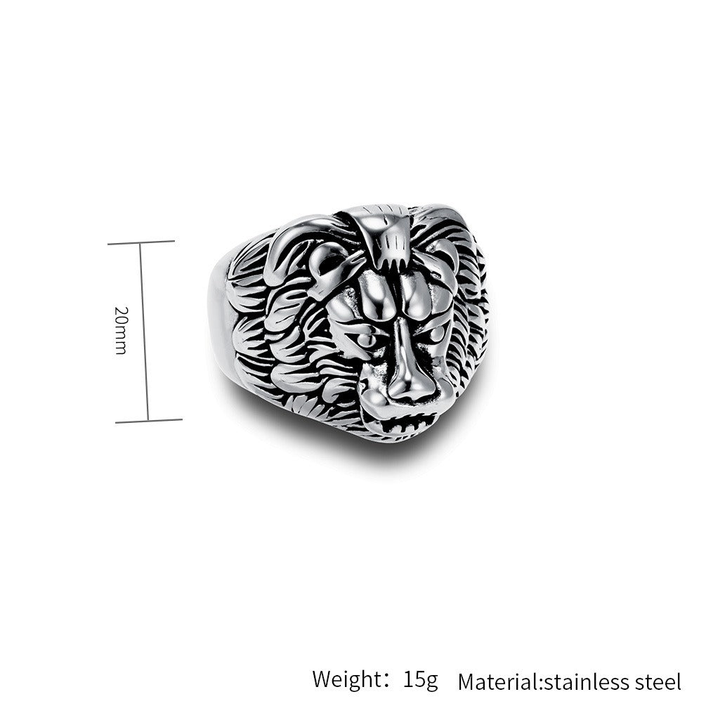 Kemstone Stainless Steel Lion Head Ring for Men Vintage Textured K-R1066
