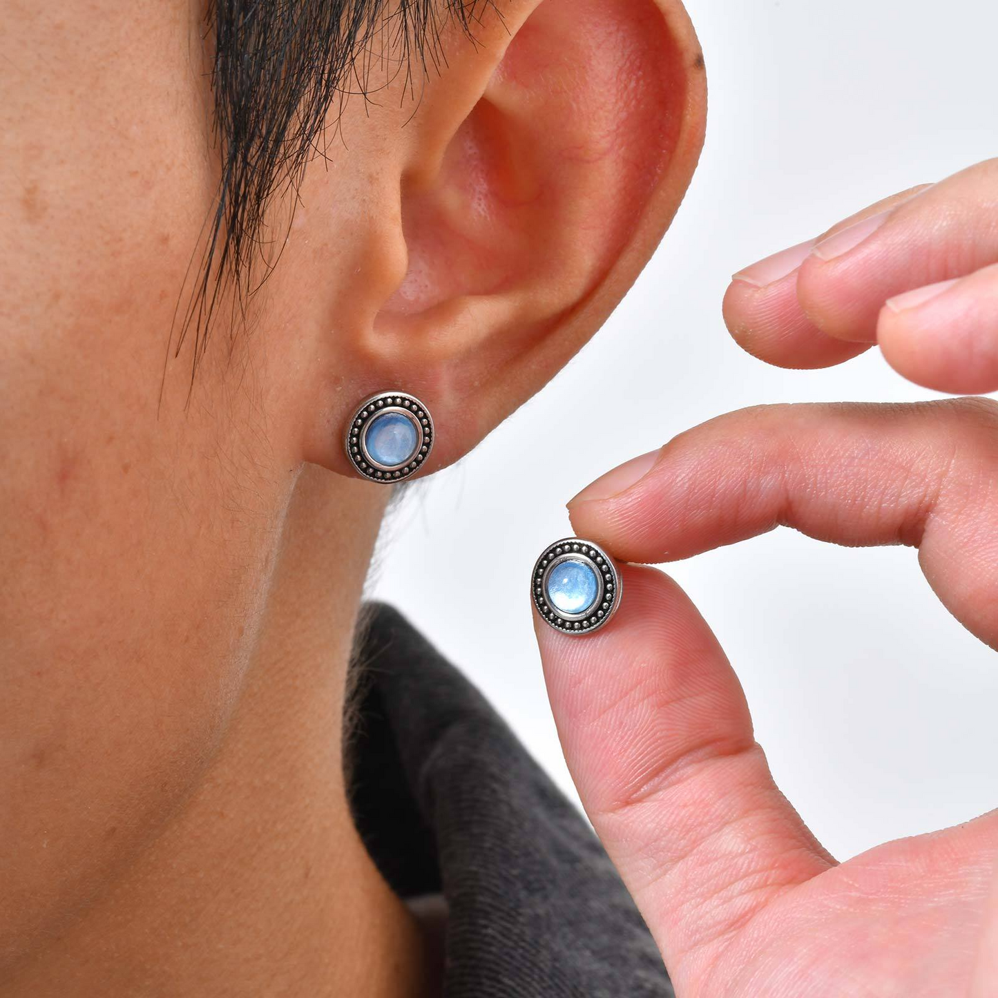 Kemstone Stainless Steel Blue Resin Stud Earrings for Men – Silver ES-769