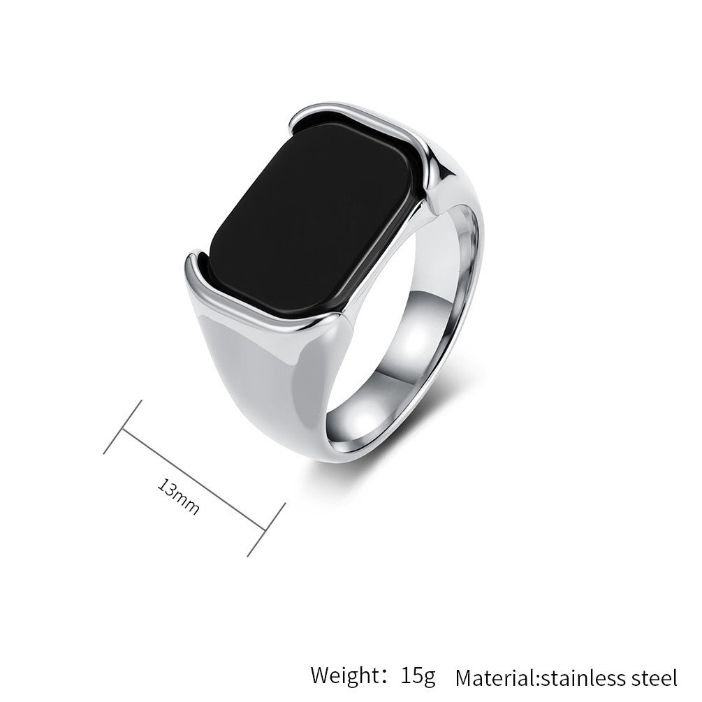 Kemstone Men’s Stainless Steel Black Onyx Ring – Rectangular Signet Band K-R1075