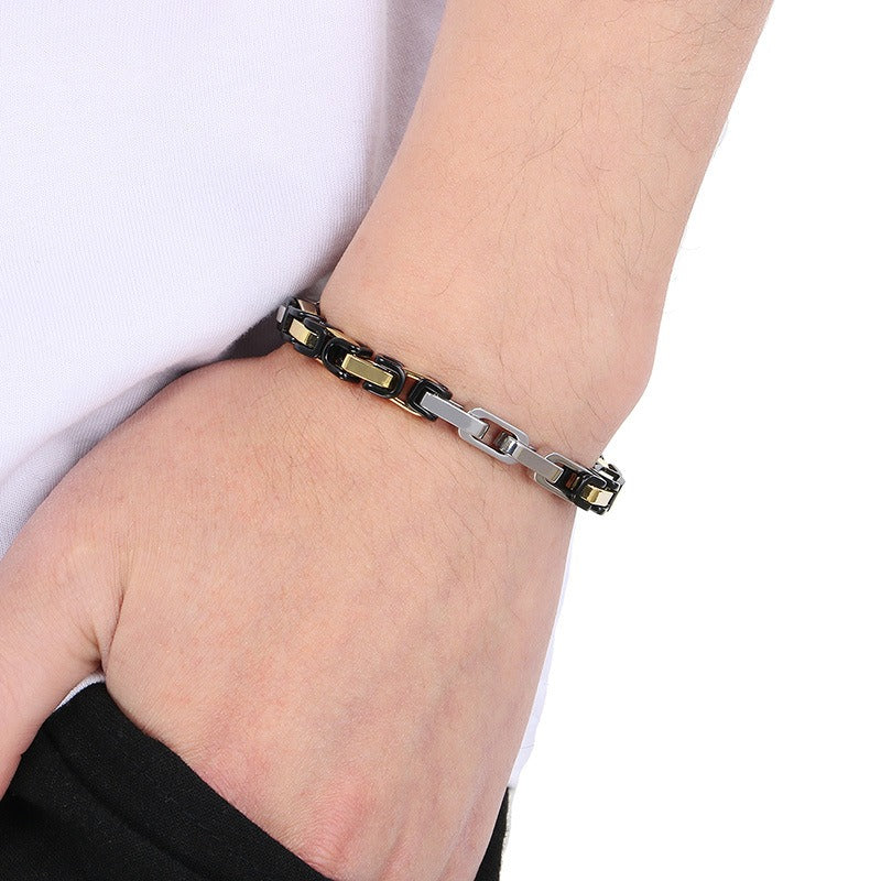 Kemstone Rock-Edge Steel Plate Bracelet – 6mm Mixed Metal Chain for Men | Gothic Punk Streetwear Jewelry KB185313-Z