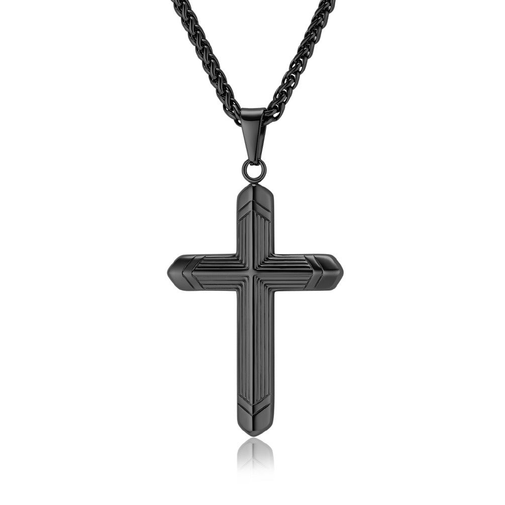 Kemstone Stainless Steel Cross Pendant Necklace for Men – Engraved Line Relief, Silver Gold Black K-PT588