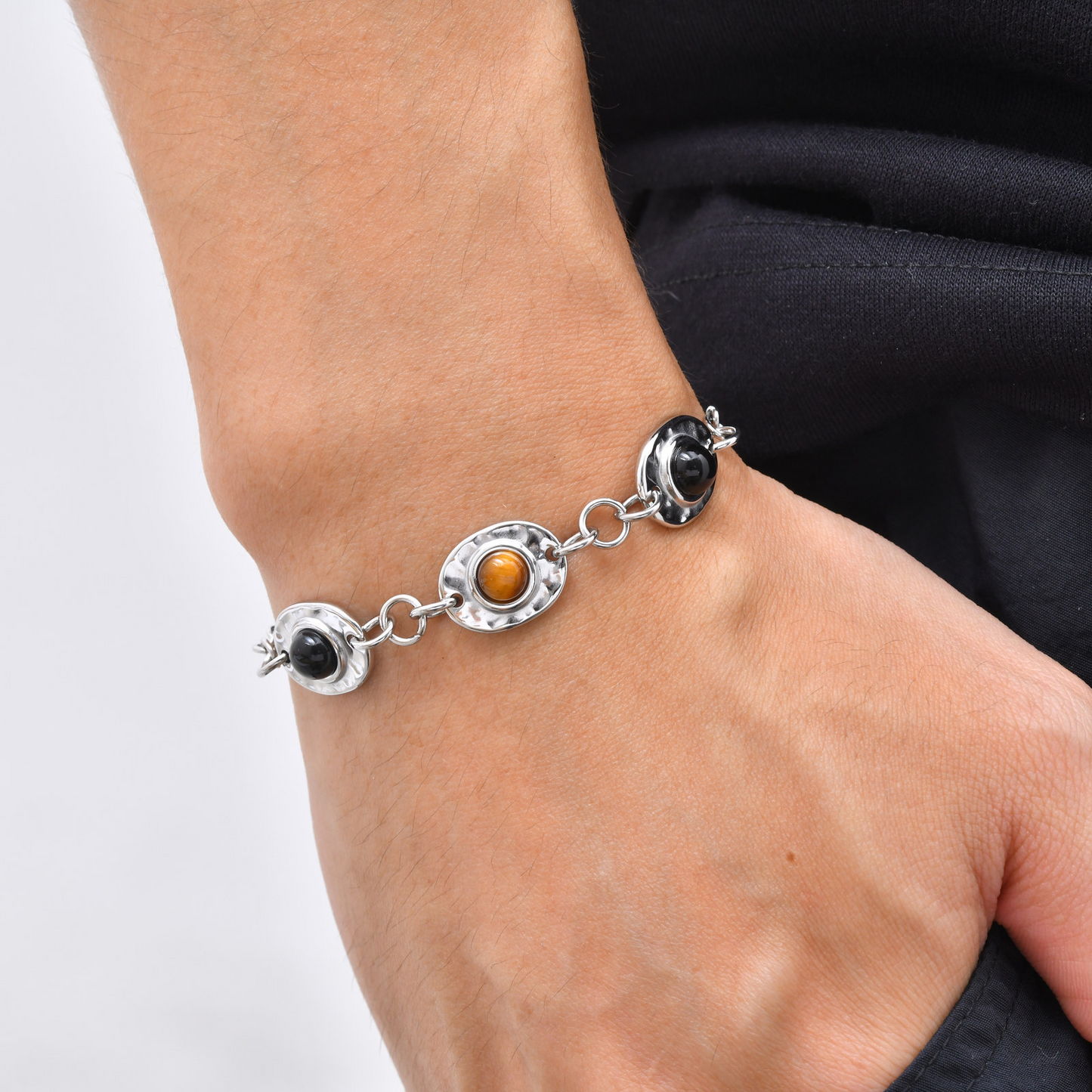 Kemstone Stainless Steel Obsidian Tiger Eye Triple Stone Bracelet for Men BR-3152
