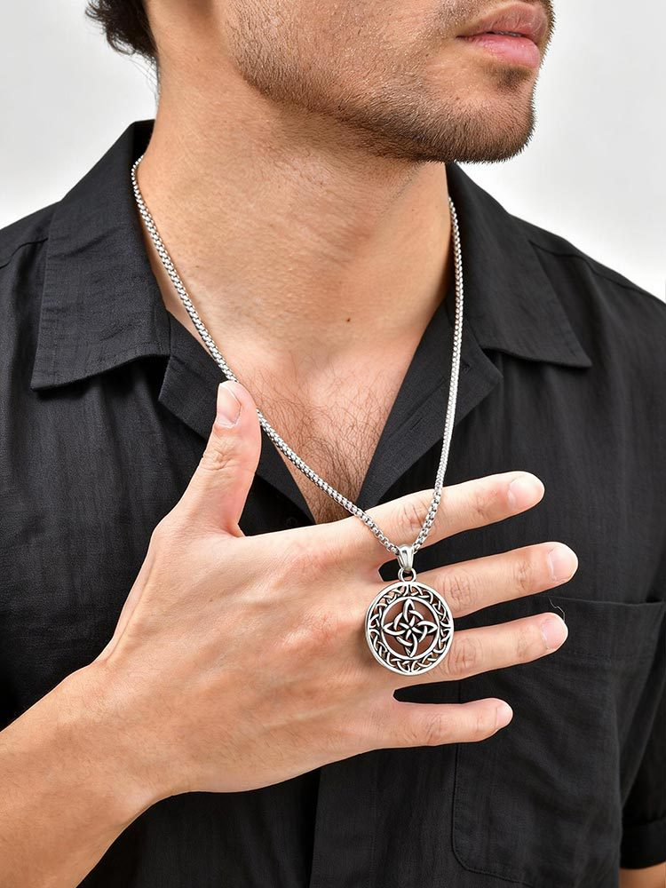 Kemstone Stainless Steel Celtic Knot Pendant Necklace for Men Round Openwork Design PN-2342