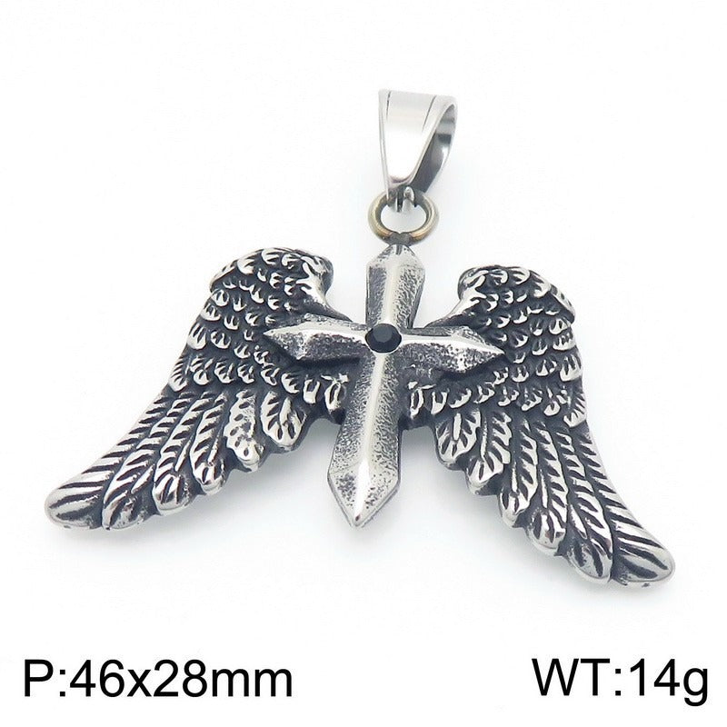 Kemstone Men’s Angel Wing Cross Necklace – Titanium Steel Gothic Pendant KP116184-MZOZ