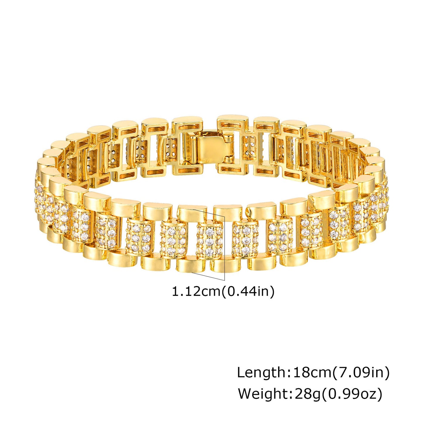 Pulsera gruesa de cobre y circonita en tono dorado para mujer: cadena llamativa con detalles art déco PBR-219