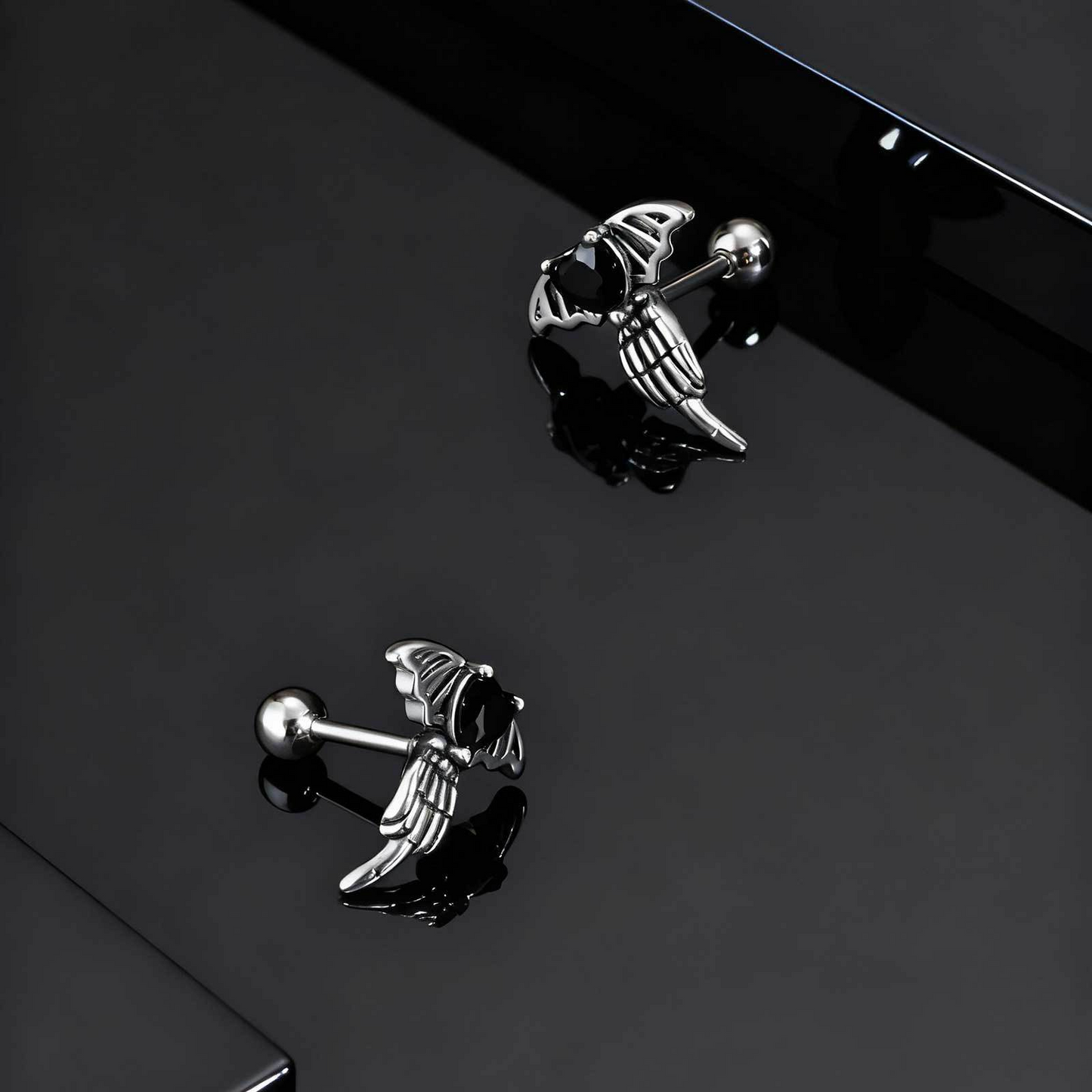 Kemstone Stainless Steel Black Cubic Zirconia Heart Wing Stud Earring for Men ES-769